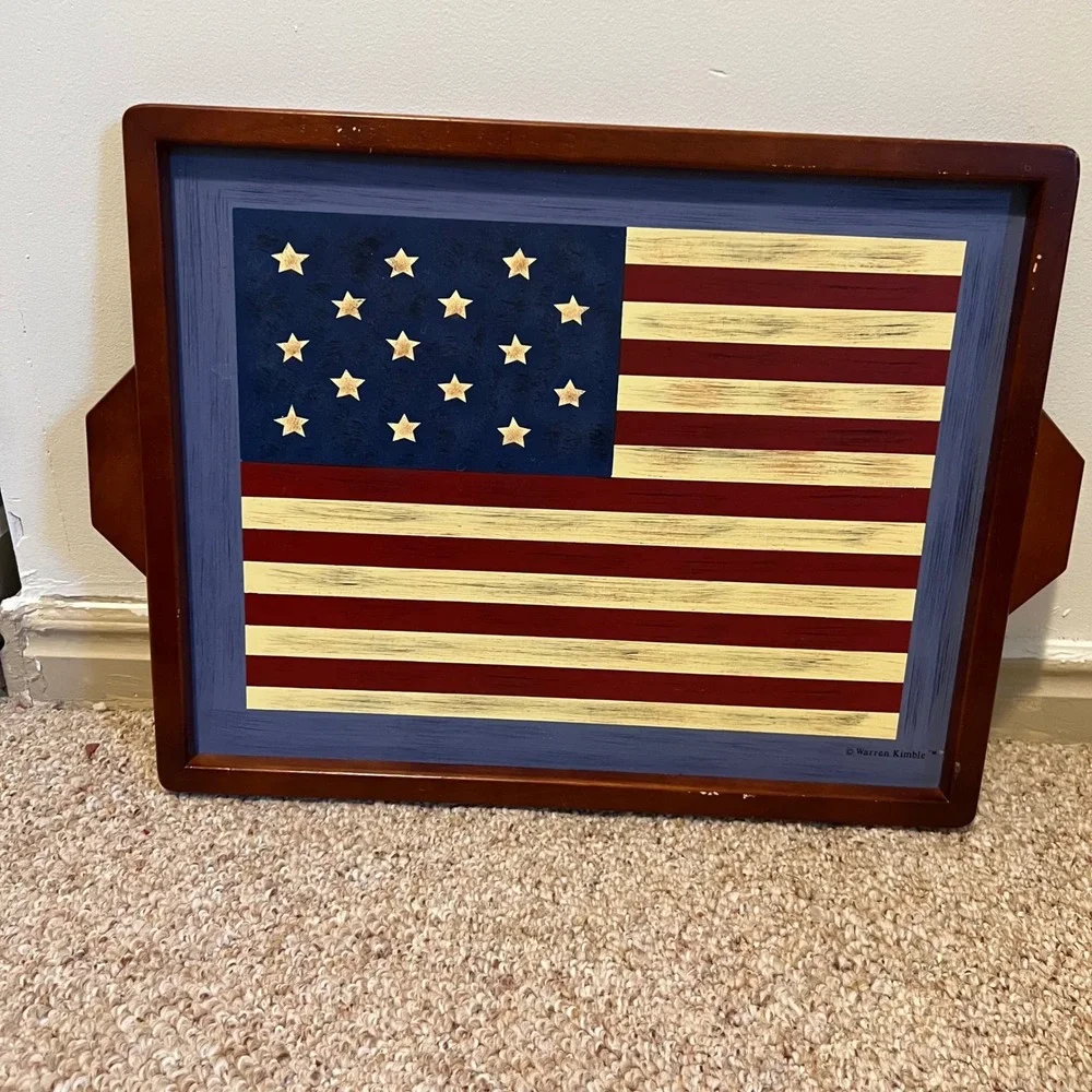Warren Kimble American Flag Wooden Serving Tray Folk Art Patriotic Decor Handles